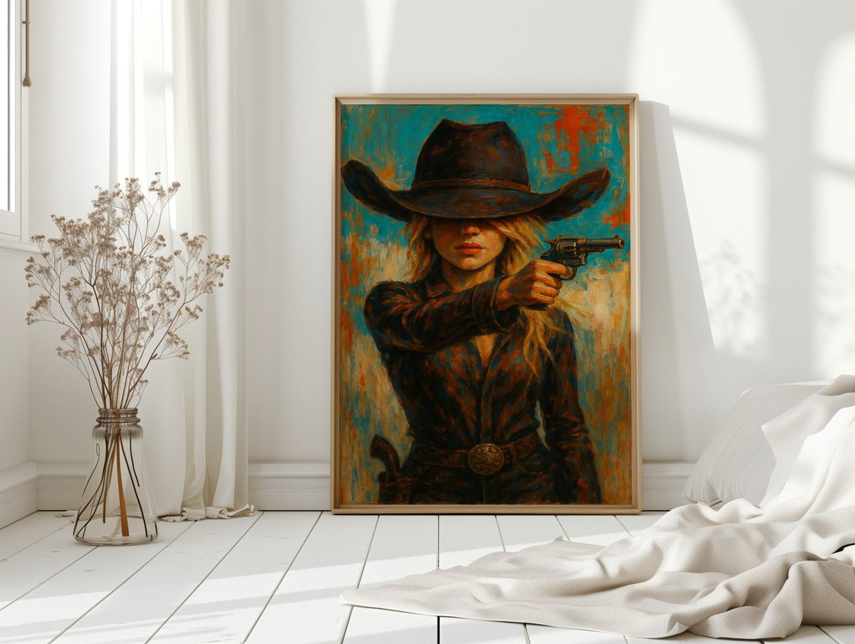 Western Grit: Cowgirl With Revolver Canvas Art - Quarter Circle AK Boutique