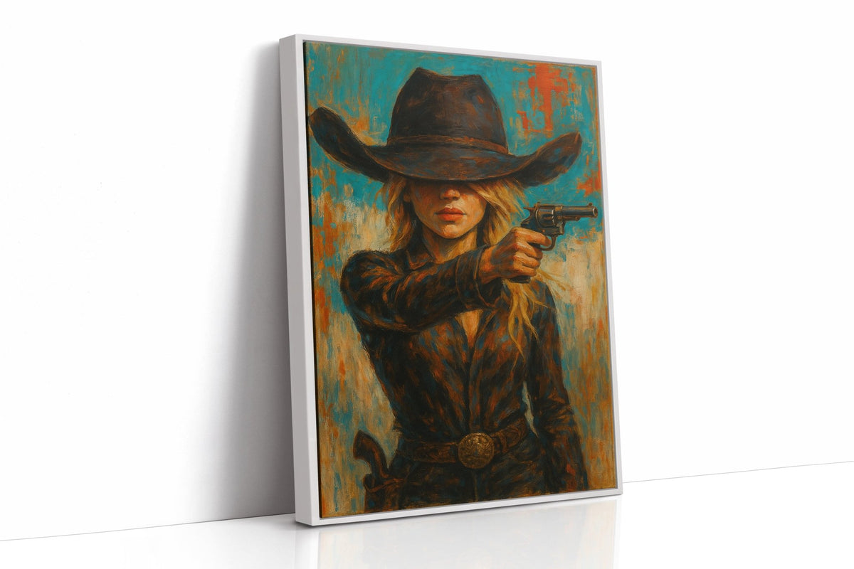 Western Grit: Cowgirl With Revolver Canvas Art - Quarter Circle AK Boutique
