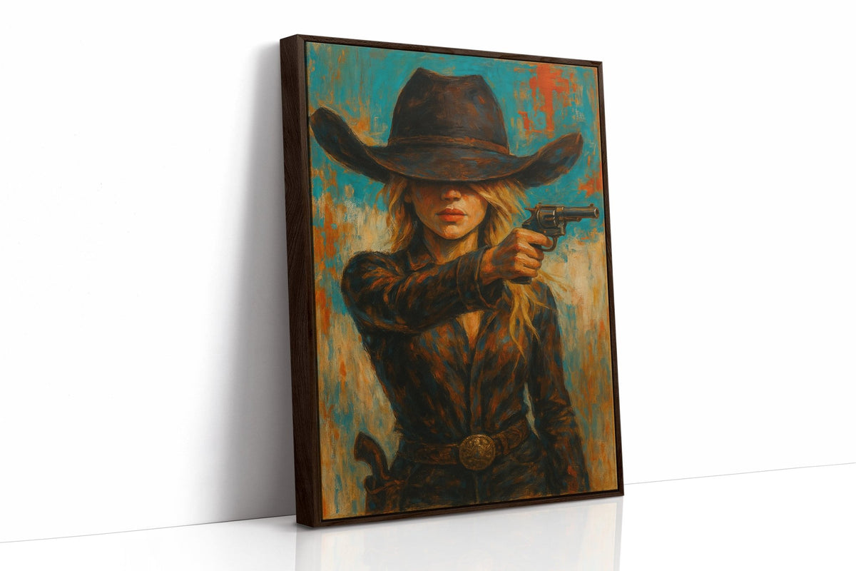 Western Grit: Cowgirl With Revolver Canvas Art - Quarter Circle AK Boutique