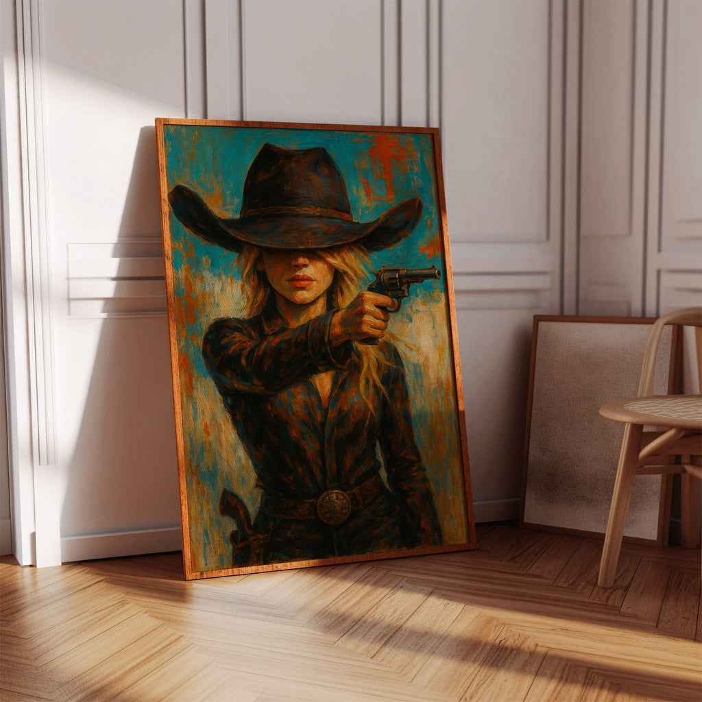 Western Grit: Cowgirl With Revolver Canvas Art - Quarter Circle AK Boutique