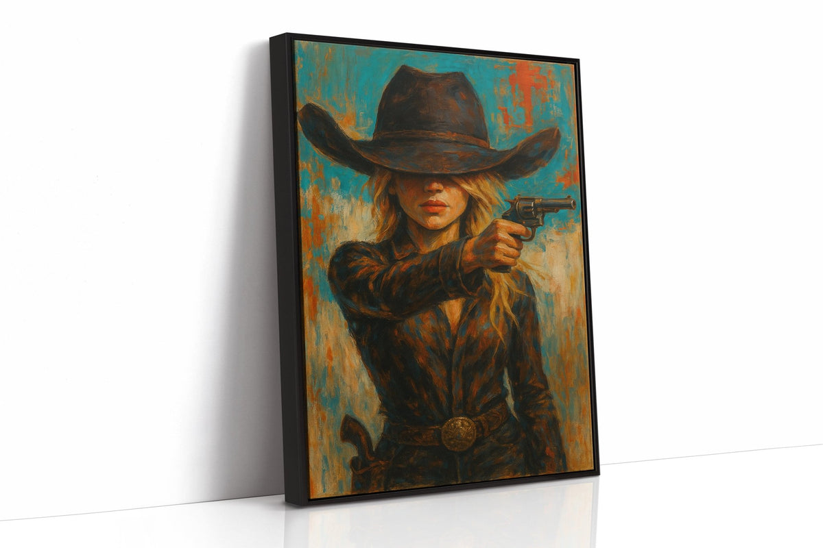 Western Grit: Cowgirl With Revolver Canvas Art - Quarter Circle AK Boutique