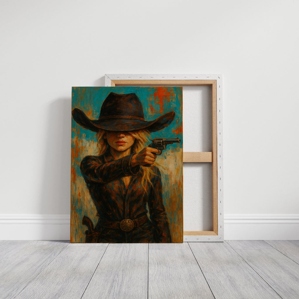 Western Grit: Cowgirl With Revolver Canvas Art - Quarter Circle AK Boutique