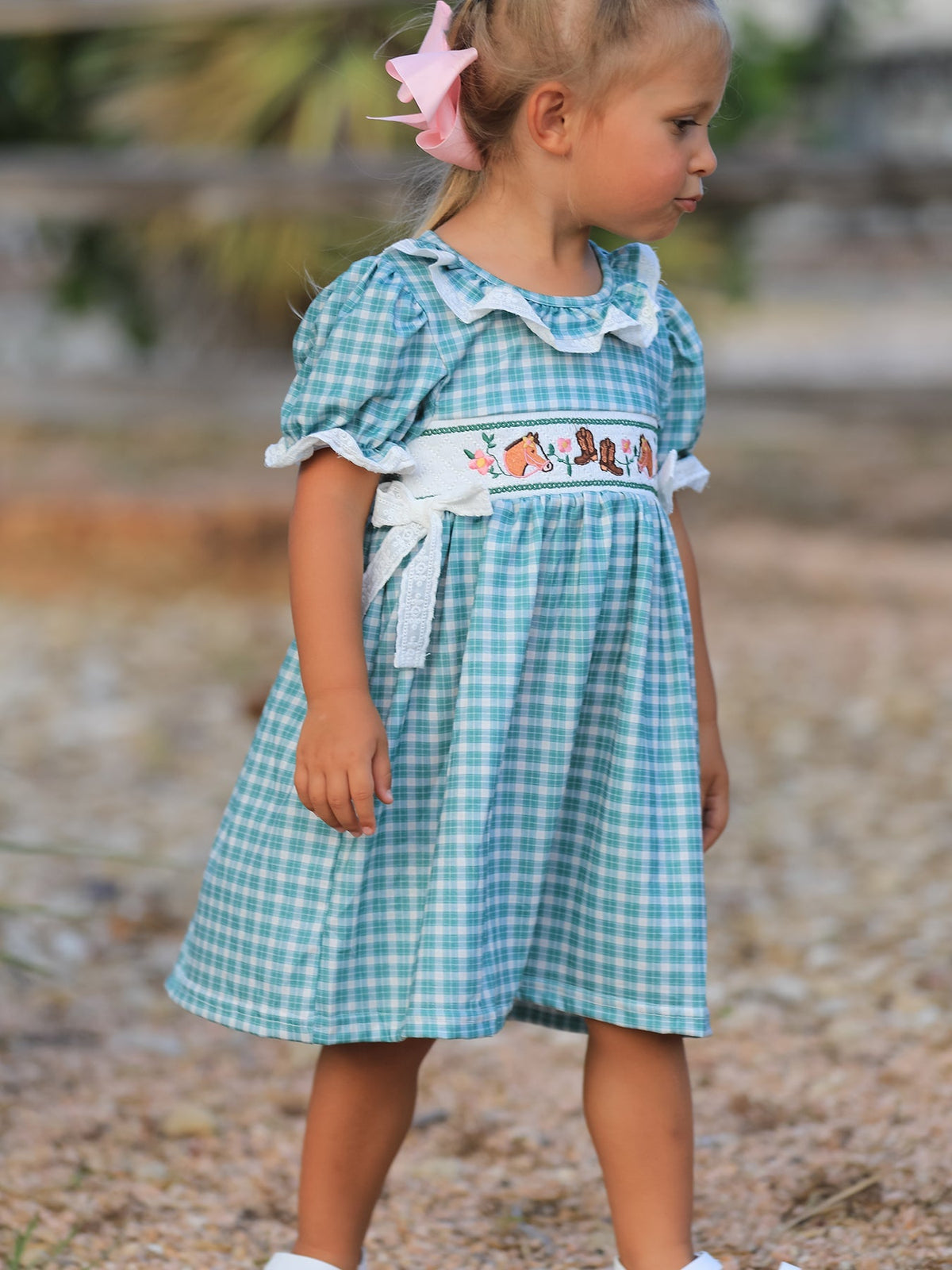 Western Plaid Horse Embroidered Girl Dress - Quarter Circle AK Boutique