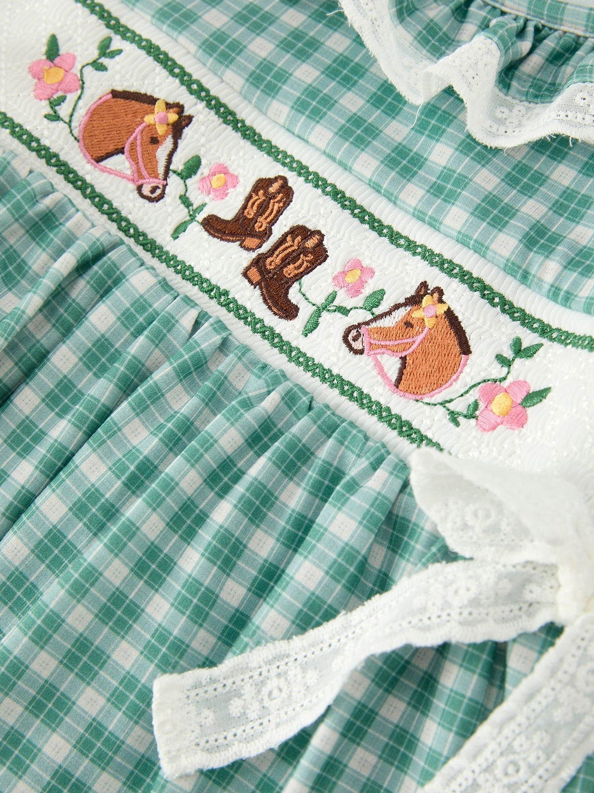 Western Plaid Horse Embroidered Girl Dress - Quarter Circle AK Boutique