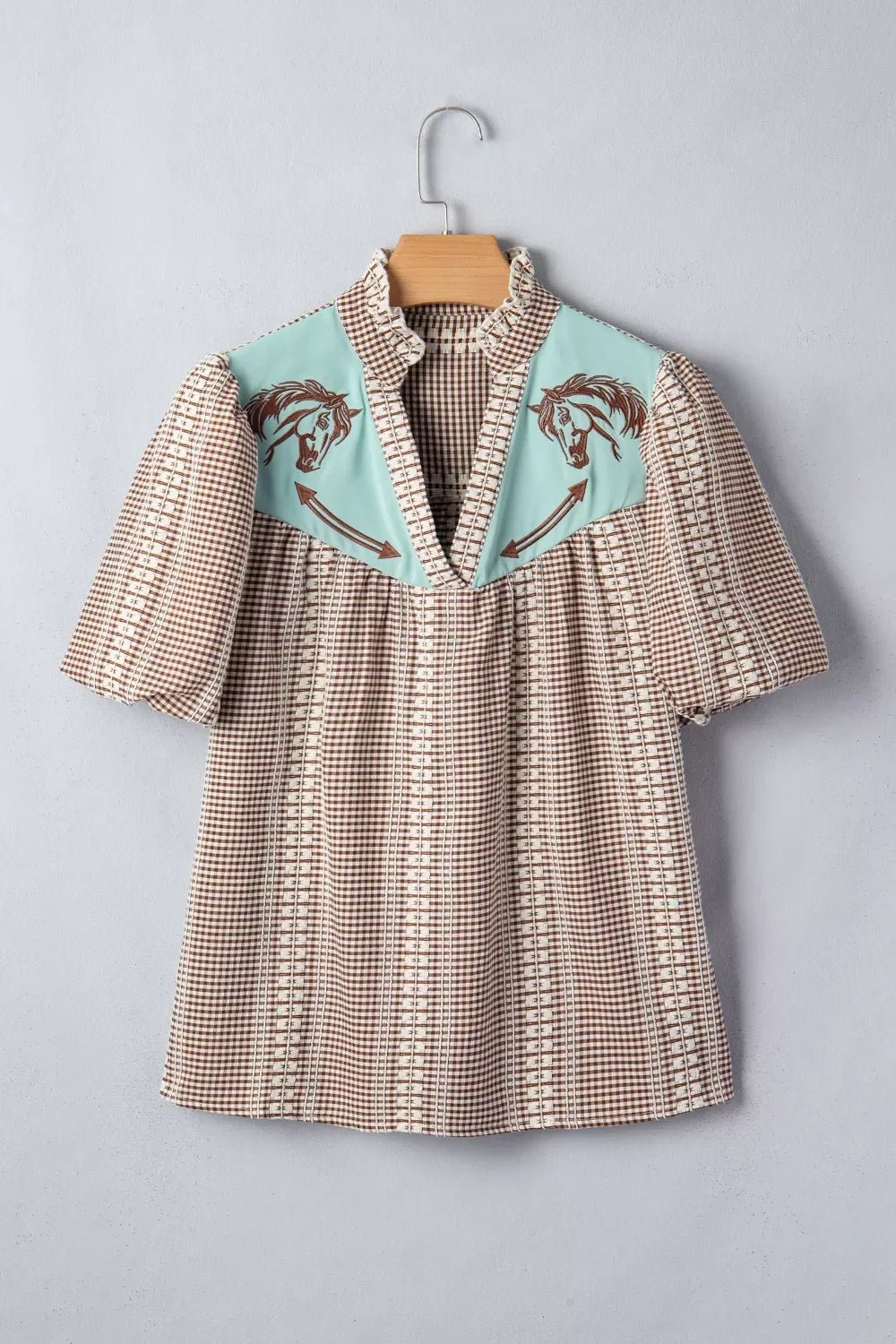 Western Pony Embroidered Yoke Puff Sleeve Gingham Blouse - Quarter Circle AK Boutique