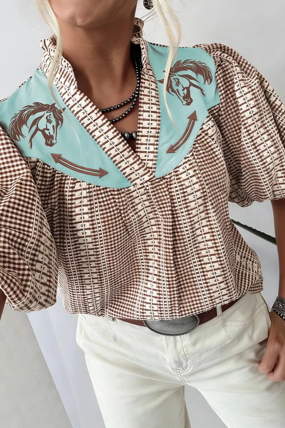 Western Pony Embroidered Yoke Puff Sleeve Gingham Blouse - Quarter Circle AK Boutique