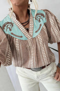 Western Pony Embroidered Yoke Puff Sleeve Gingham Blouse - Quarter Circle AK Boutique