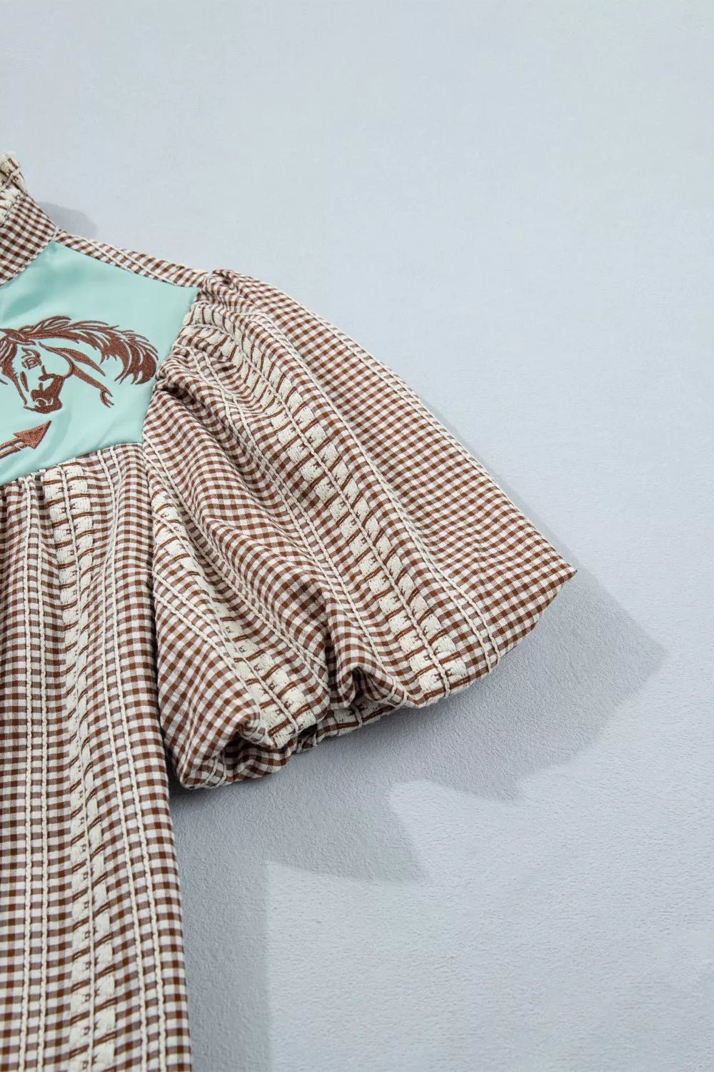 Western Pony Embroidered Yoke Puff Sleeve Gingham Blouse - Quarter Circle AK Boutique