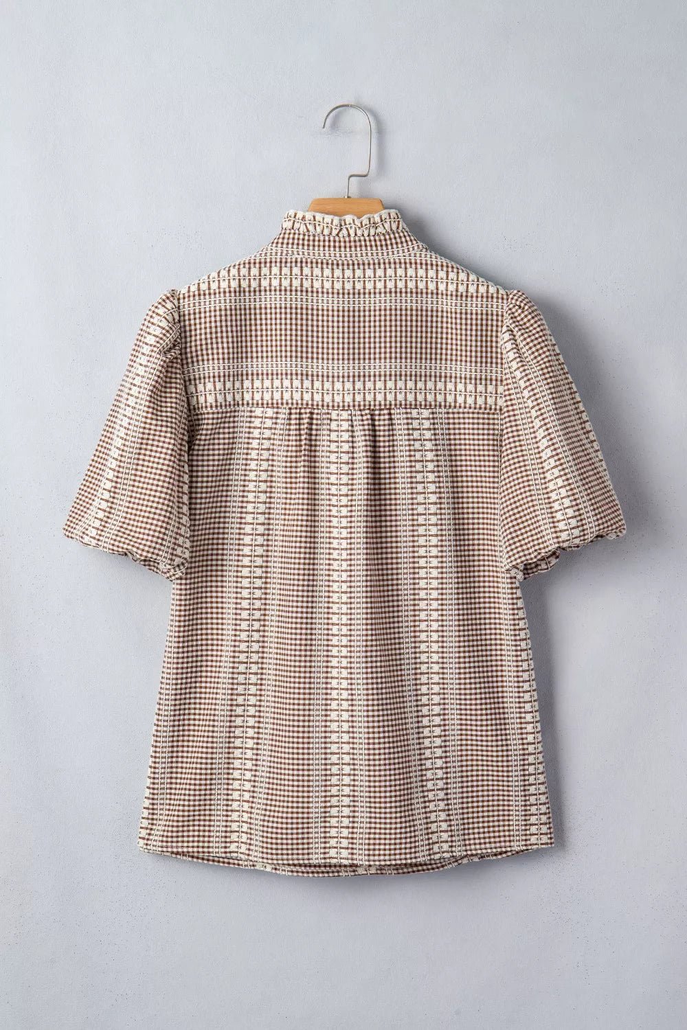 Western Pony Embroidered Yoke Puff Sleeve Gingham Blouse - Quarter Circle AK Boutique