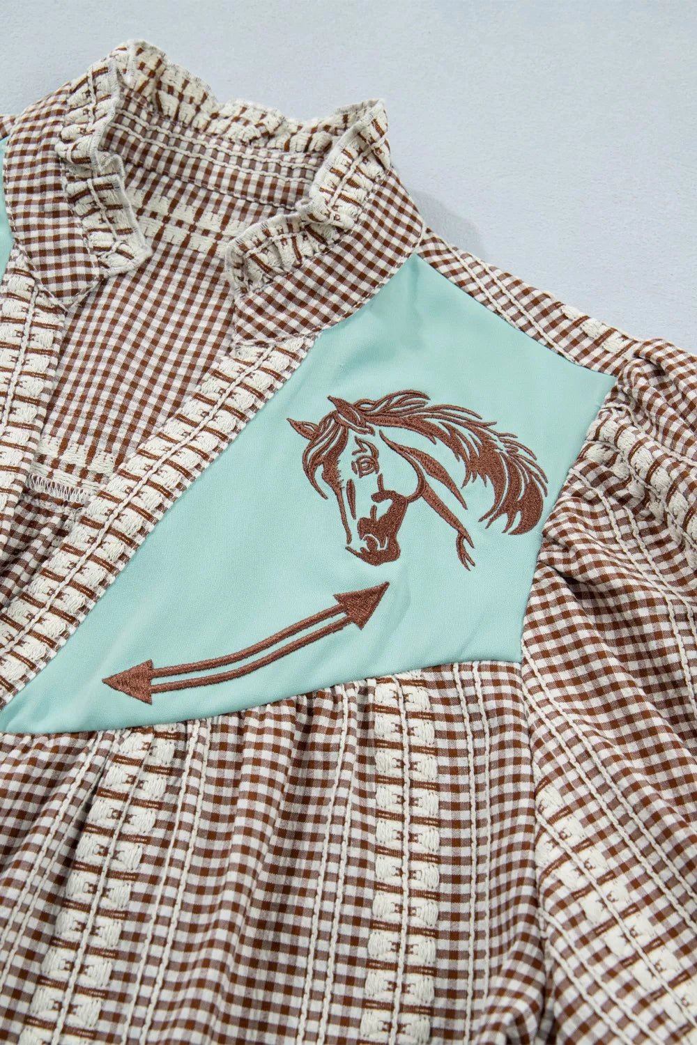 Western Pony Embroidered Yoke Puff Sleeve Gingham Blouse - Quarter Circle AK Boutique