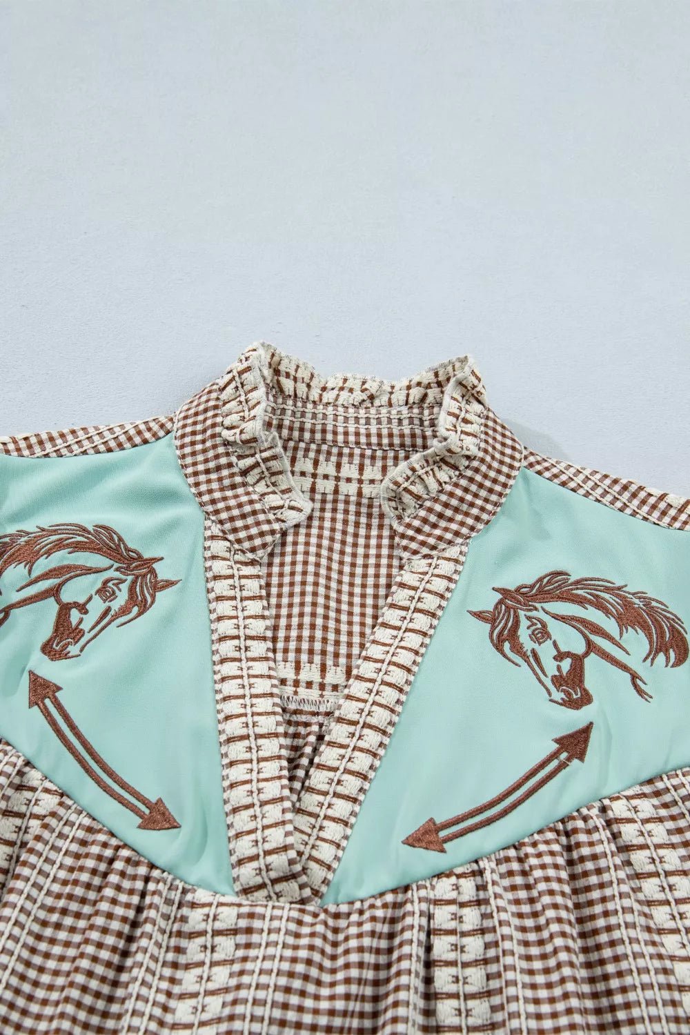 Western Pony Embroidered Yoke Puff Sleeve Gingham Blouse - Quarter Circle AK Boutique