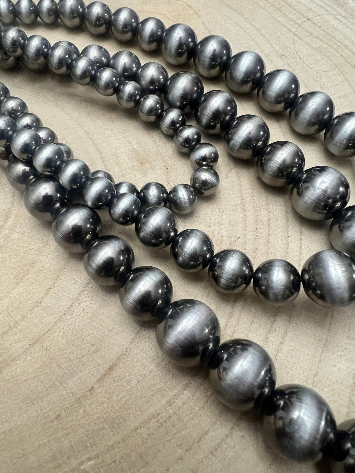 Western Triple-Strand Burnished Faux Sterling Pearl Necklace — Long Layered Set (24", 28", 35") - Quarter Circle AK Boutique
