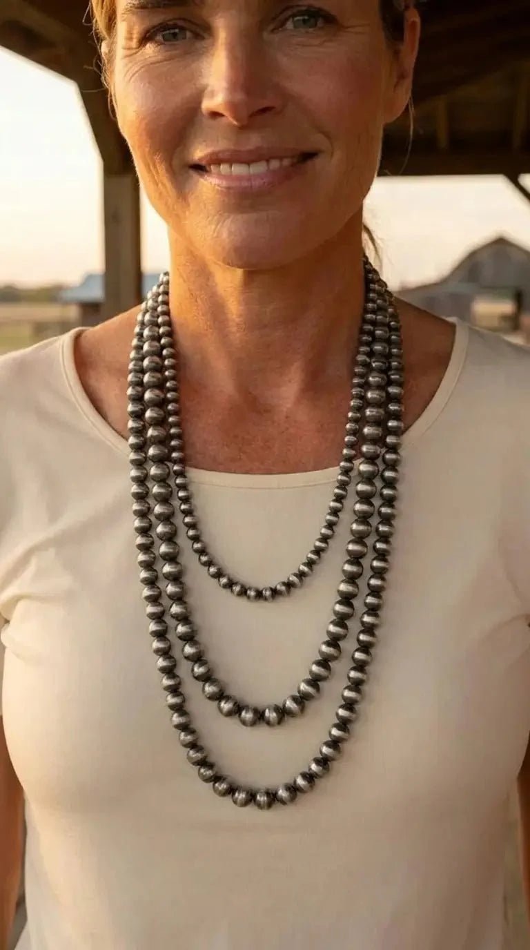 Western Triple-Strand Burnished Faux Sterling Pearl Necklace — Long Layered Set (24", 28", 35") - Quarter Circle AK Boutique