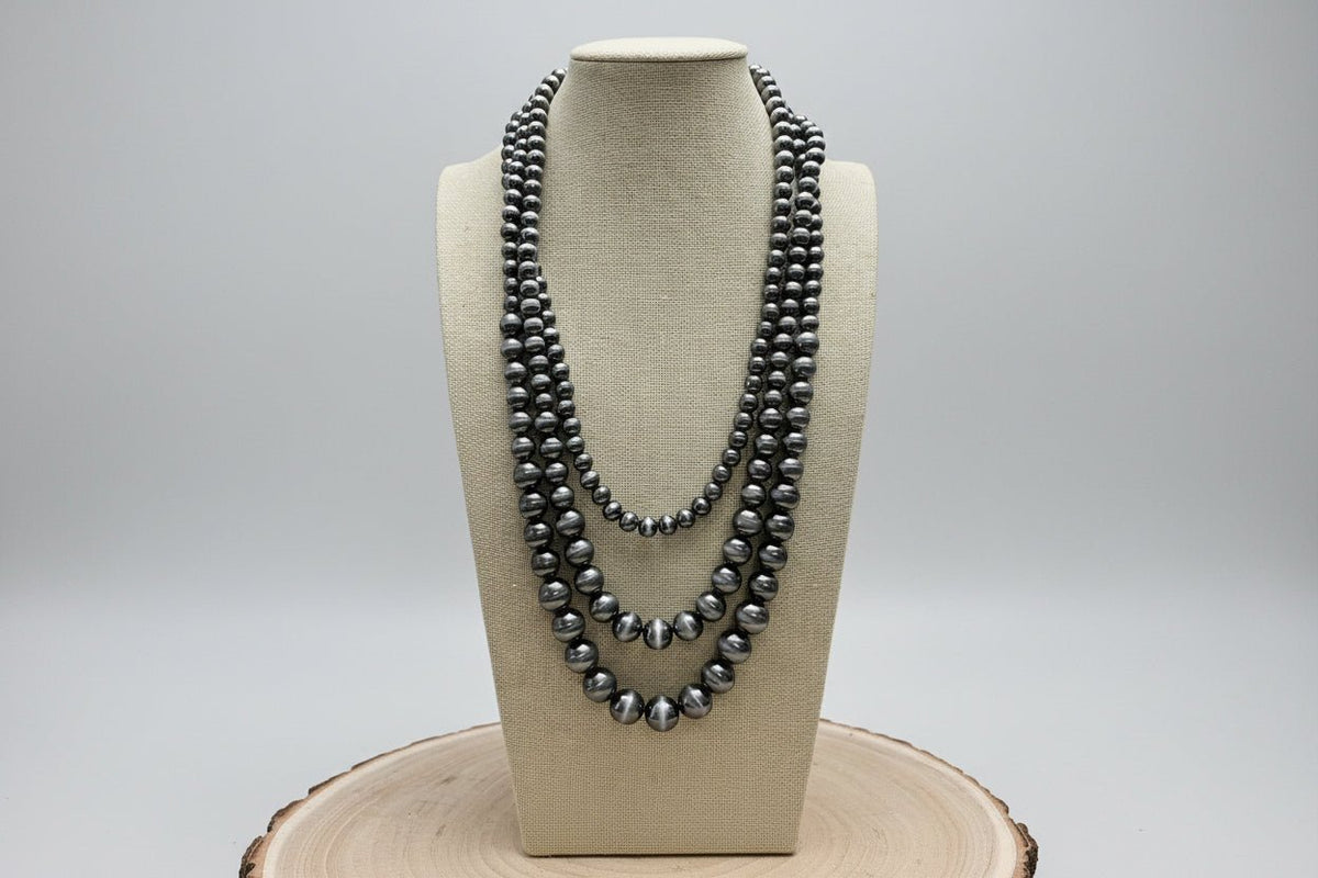 Western Triple-Strand Burnished Faux Sterling Pearl Necklace — Long Layered Set (24", 28", 35") - Quarter Circle AK Boutique