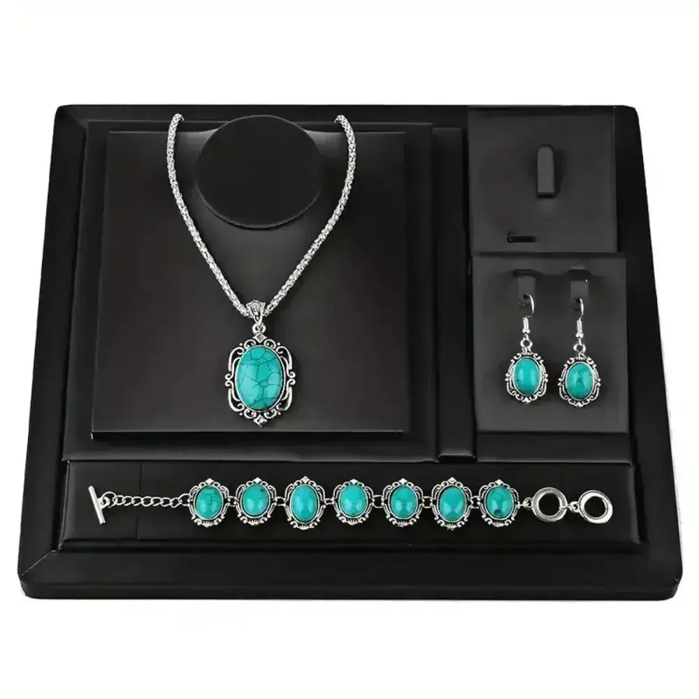 Western Vintage Turquoise Bracelet Necklace Earrings Set, 3pcs Set
