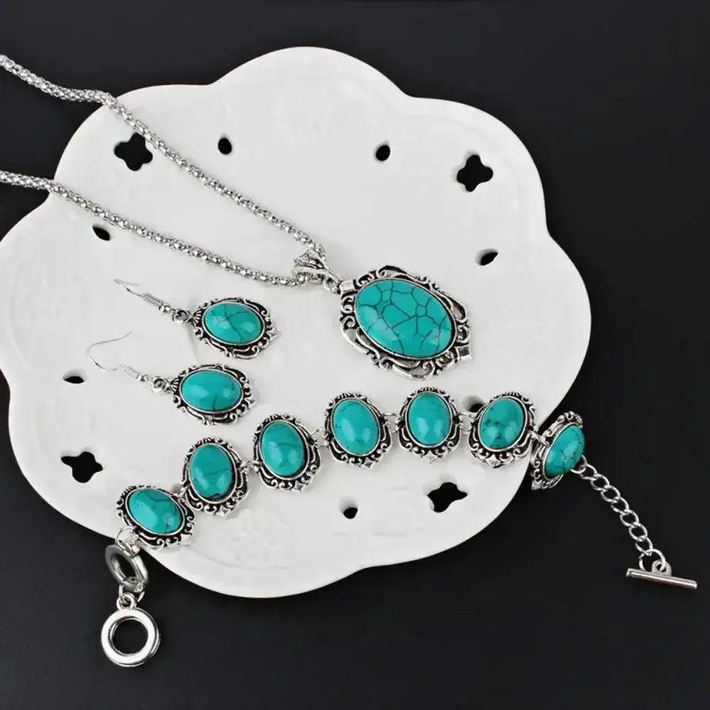 Western Vintage Turquoise Bracelet Necklace Earrings Set, 3pcs Set