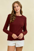 Doe and Rae Western Yoke Ribbed Long-Sleeve Tee — Cinnamon or Acorn Stretch Knit with Exposed Seams