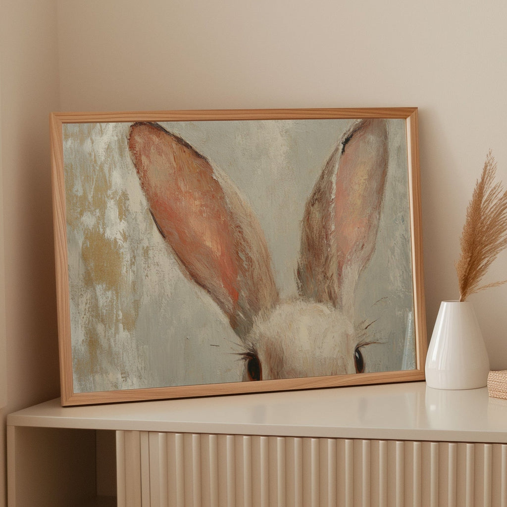 Whimsical Bunny Ears – Soft Neutral Textured Rabbit Art Print - Quarter Circle AK Boutique