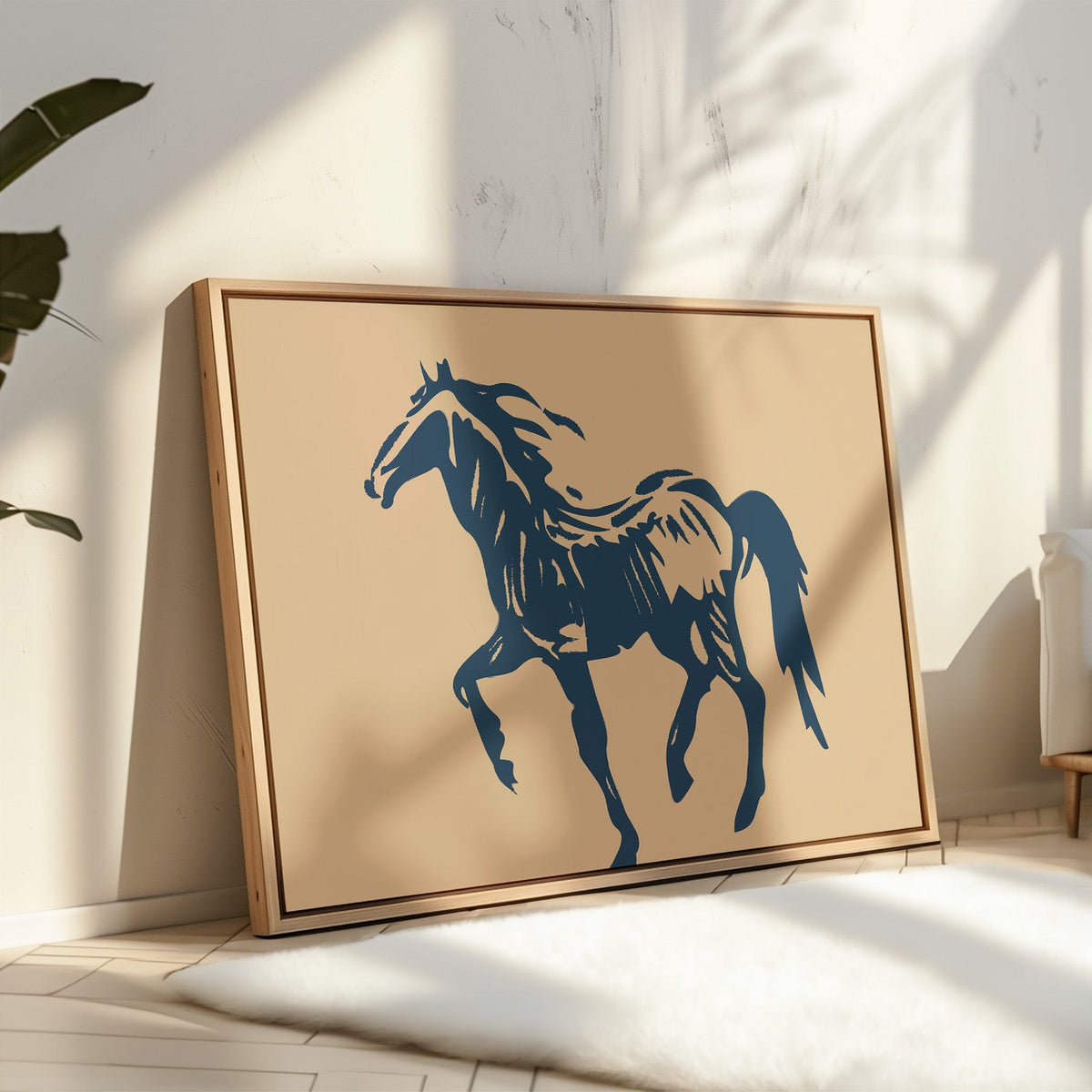Wild Horse Silhouette Art – Western Mustang Wall Decor in Navy & Beige - Quarter Circle AK Boutique