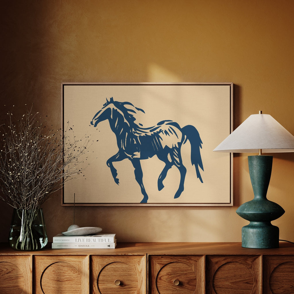 Wild Horse Silhouette Art – Western Mustang Wall Decor in Navy & Beige - Quarter Circle AK Boutique
