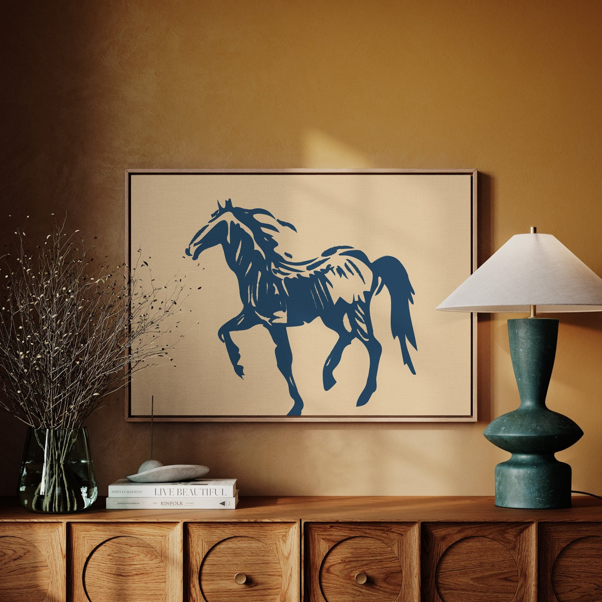 Wild Horse Silhouette Art – Western Mustang Wall Decor in Navy & Beige - Quarter Circle AK Boutique
