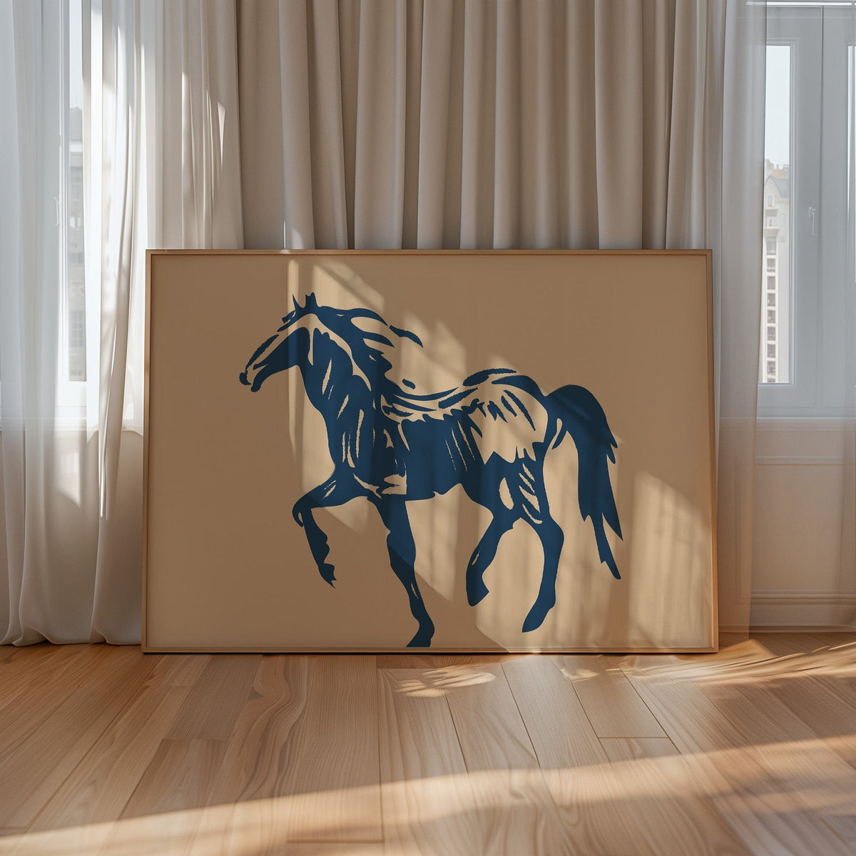 Wild Horse Silhouette Art – Western Mustang Wall Decor in Navy & Beige - Quarter Circle AK Boutique