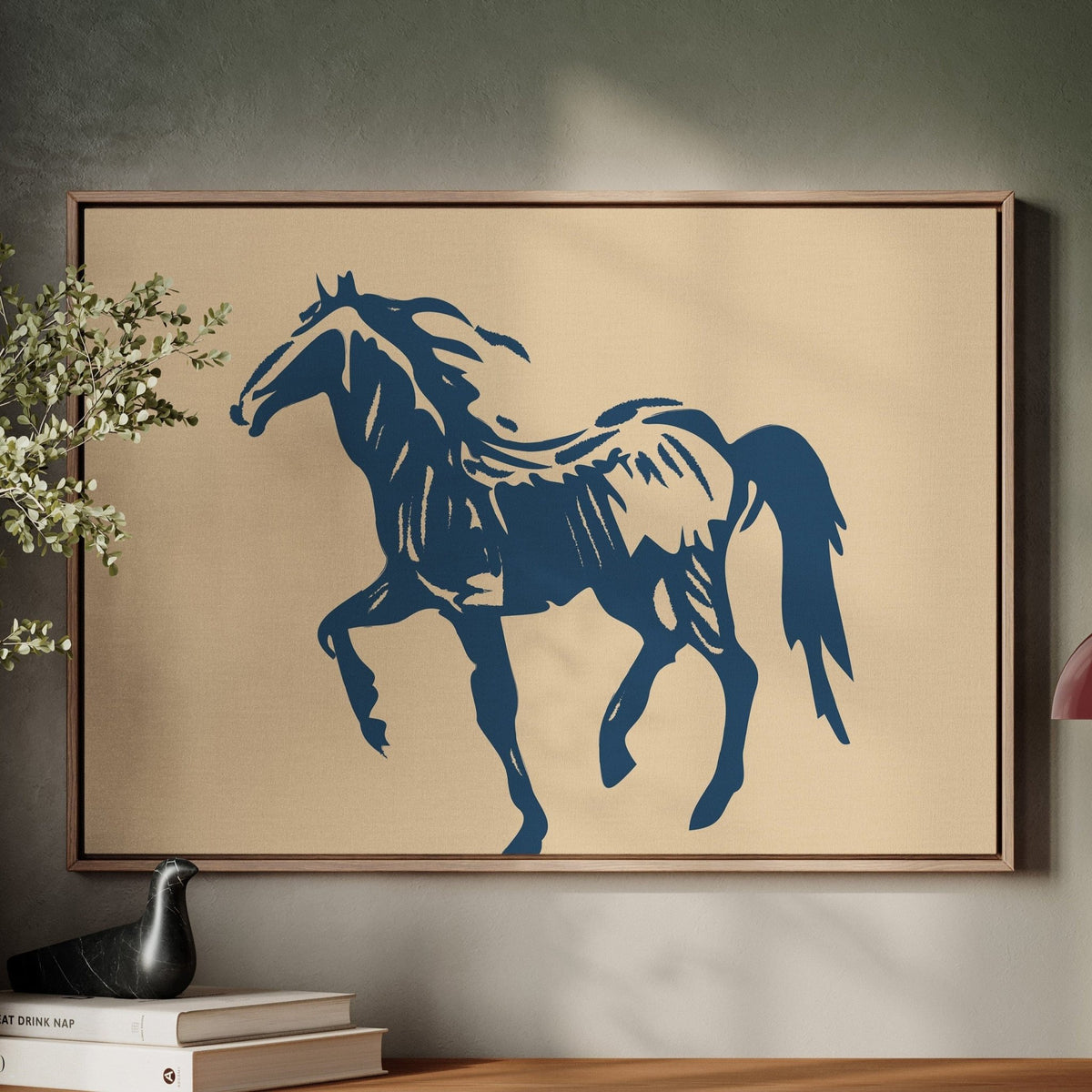 Wild Horse Silhouette Art – Western Mustang Wall Decor in Navy & Beige - Quarter Circle AK Boutique