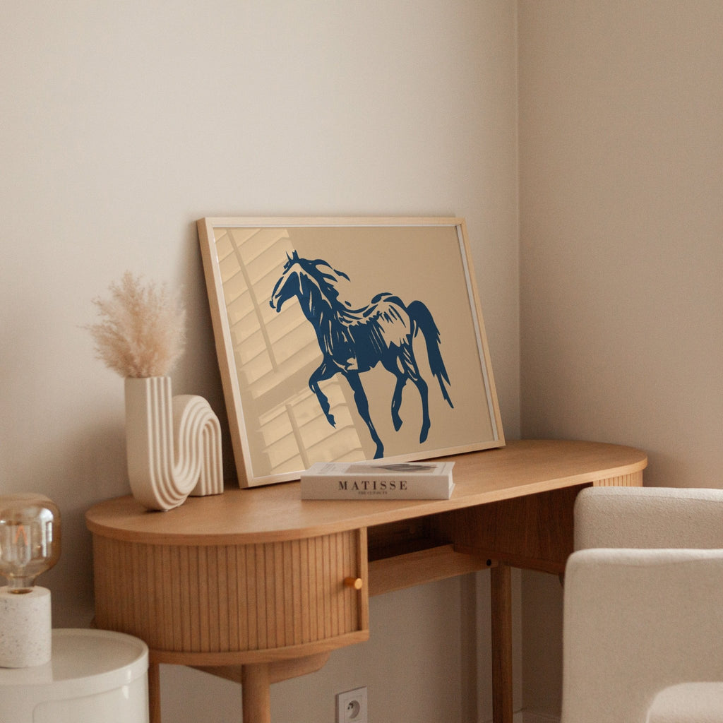 Wild Horse Silhouette Art – Western Mustang Wall Decor in Navy & Beige - Quarter Circle AK Boutique