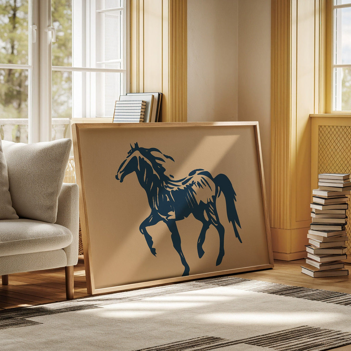 Wild Horse Silhouette Art – Western Mustang Wall Decor in Navy & Beige - Quarter Circle AK Boutique