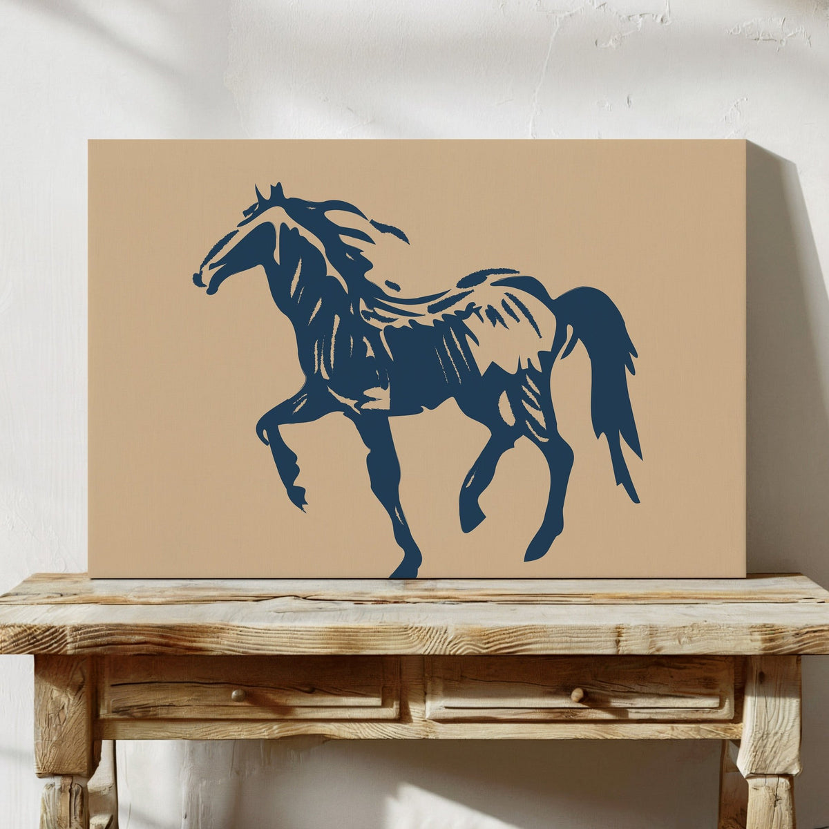 Wild Horse Silhouette Art – Western Mustang Wall Decor in Navy & Beige - Quarter Circle AK Boutique