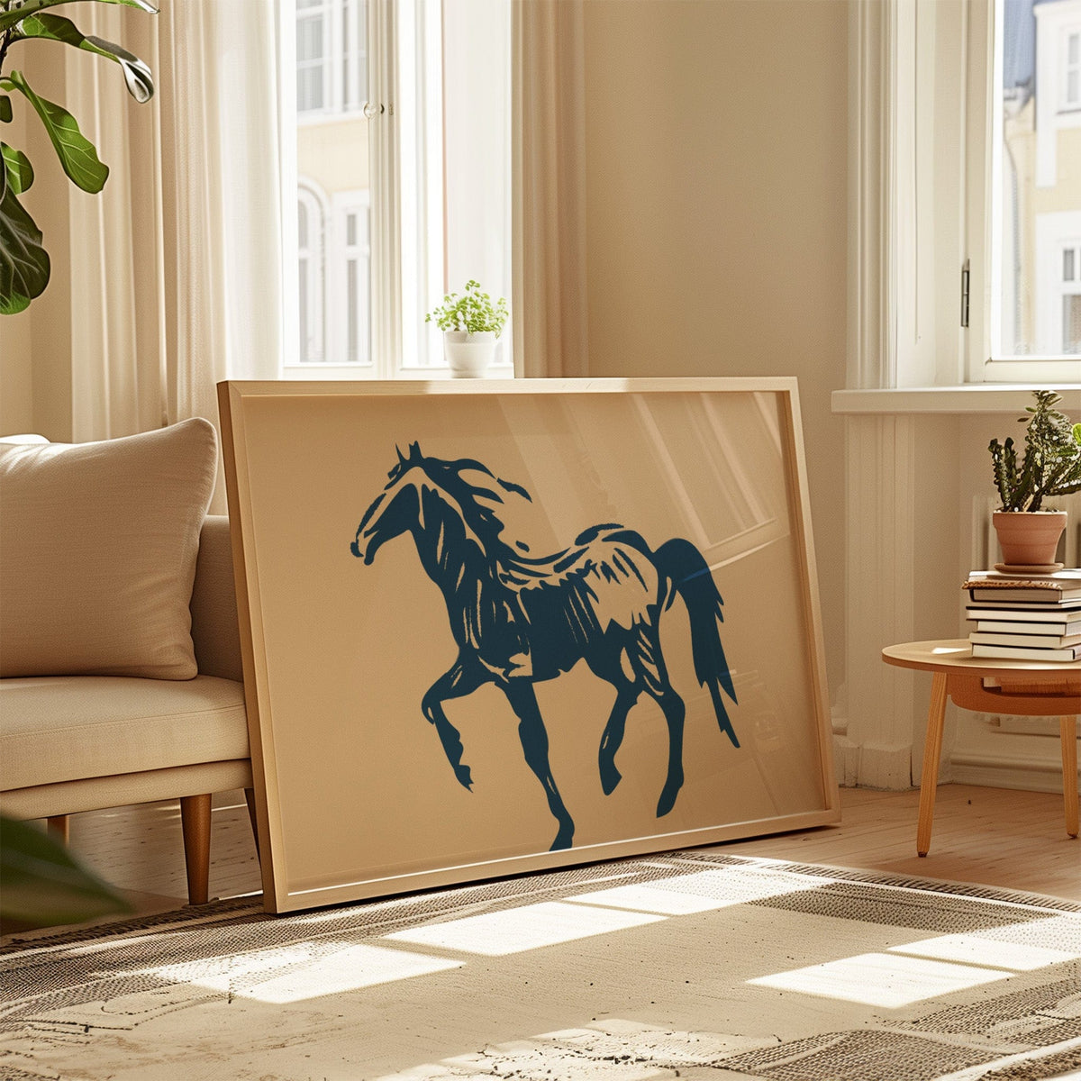 Wild Horse Silhouette Art – Western Mustang Wall Decor in Navy & Beige - Quarter Circle AK Boutique