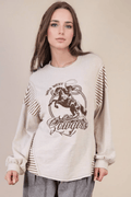 VERY J "Wild West Cowgirls" Western Graphic Knit Top — Oversized Mixed Media (Taupe or Olive)