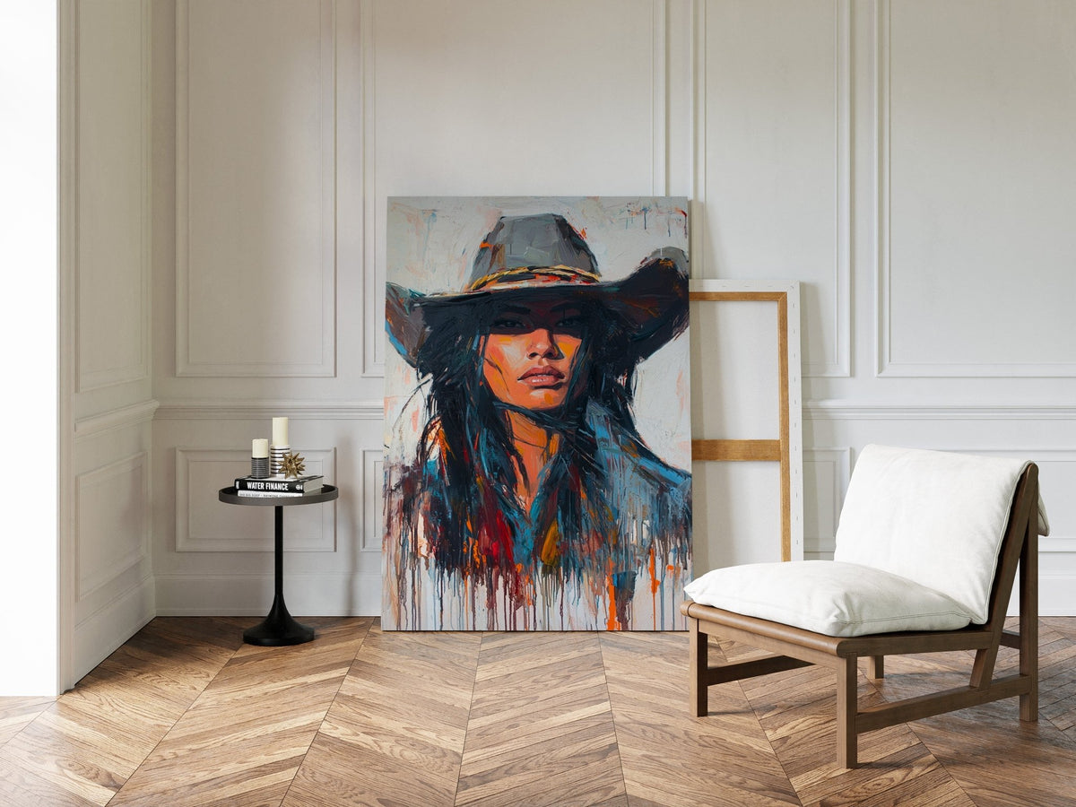Wild Western Woman Canvas – Bold Cowgirl Portrait Wall Art - Quarter Circle AK Boutique