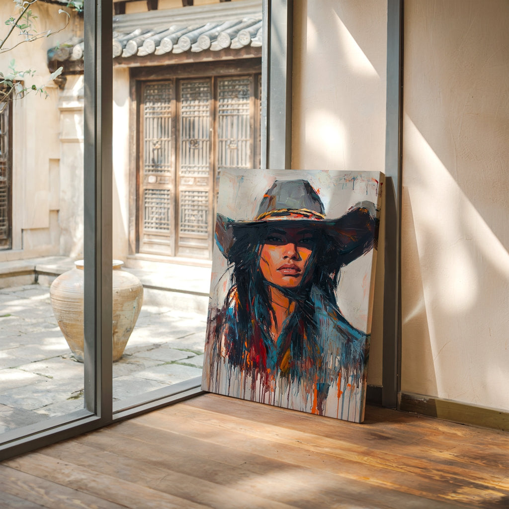 Wild Western Woman Canvas – Bold Cowgirl Portrait Wall Art - Quarter Circle AK Boutique