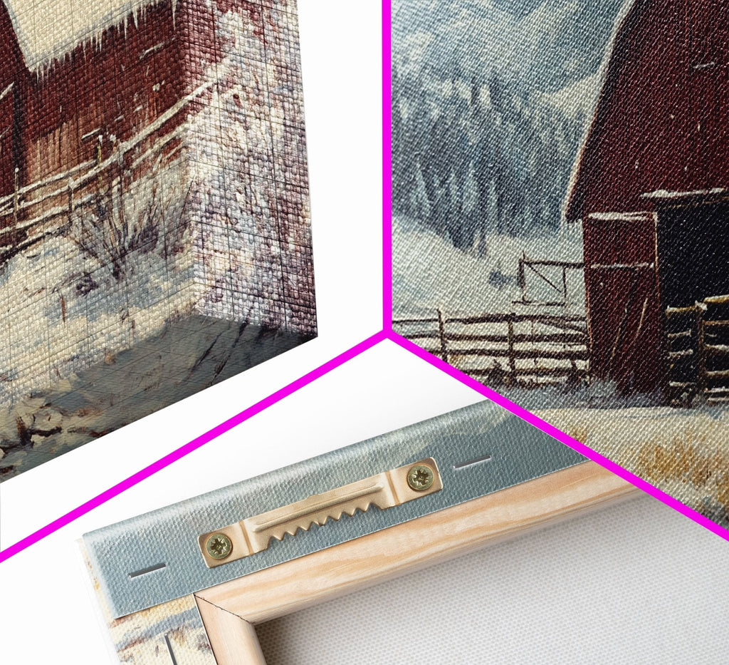 Winter On The Farm, Barn Painting, Framed Canvas Print, Primitive Farmhouse Decor, Christmas Decor, Winter Wonderland Rustic Winter Wall Art - Quarter Circle AK Boutique
