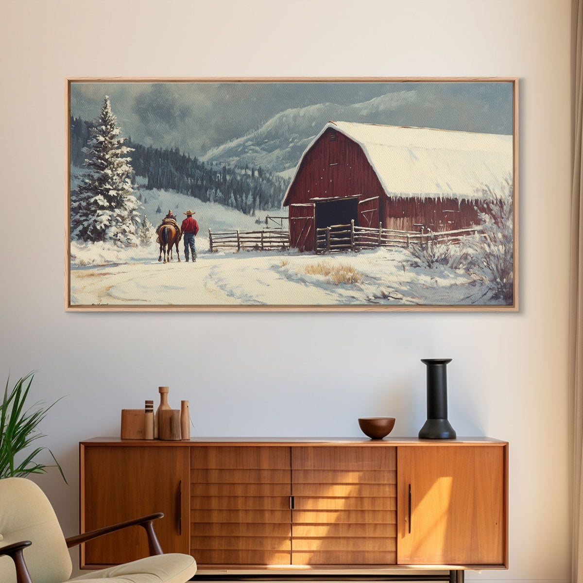 Winter On The Farm, Barn Painting, Framed Canvas Print, Primitive Farmhouse Decor, Christmas Decor, Winter Wonderland Rustic Winter Wall Art - Quarter Circle AK Boutique