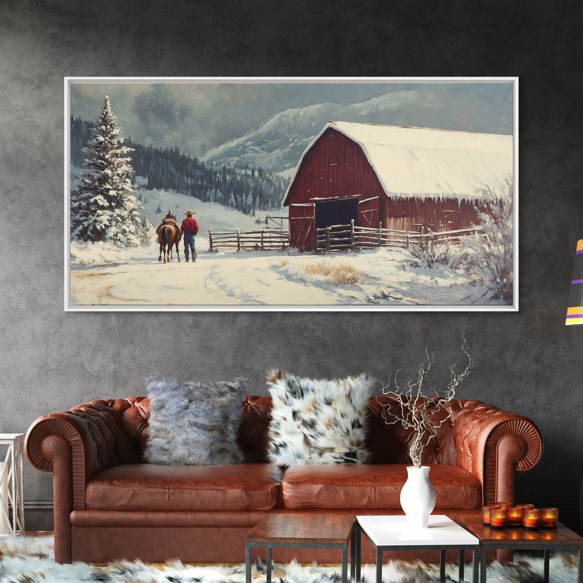 Winter On The Farm, Barn Painting, Framed Canvas Print, Primitive Farmhouse Decor, Christmas Decor, Winter Wonderland Rustic Winter Wall Art - Quarter Circle AK Boutique