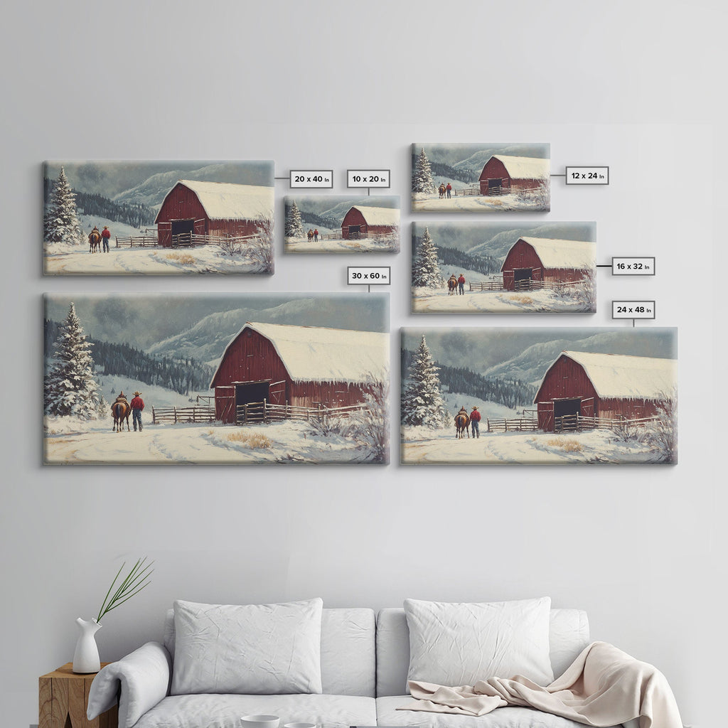 Winter On The Farm, Barn Painting, Framed Canvas Print, Primitive Farmhouse Decor, Christmas Decor, Winter Wonderland Rustic Winter Wall Art - Quarter Circle AK Boutique