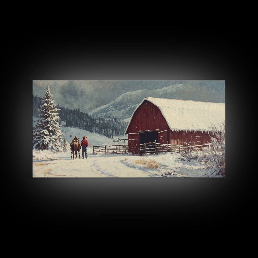 Winter On The Farm, Barn Painting, Framed Canvas Print, Primitive Farmhouse Decor, Christmas Decor, Winter Wonderland Rustic Winter Wall Art - Quarter Circle AK Boutique