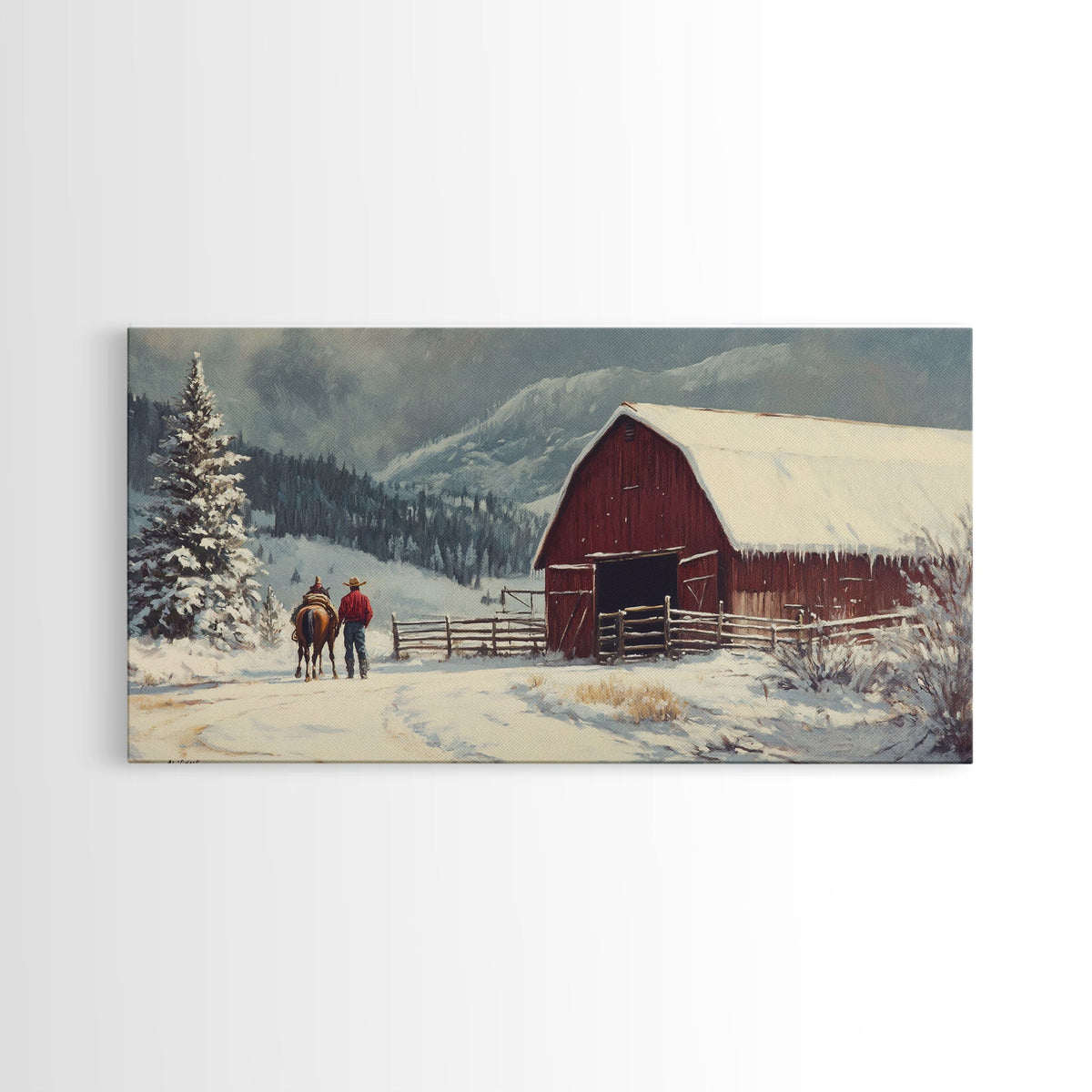 Winter On The Farm, Barn Painting, Framed Canvas Print, Primitive Farmhouse Decor, Christmas Decor, Winter Wonderland Rustic Winter Wall Art - Quarter Circle AK Boutique