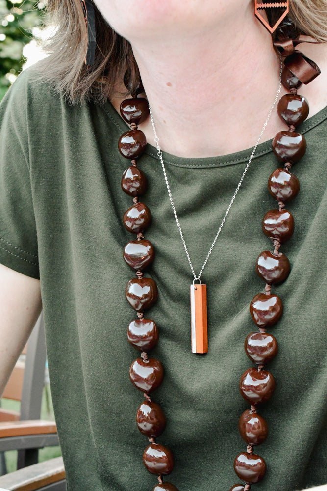 Wood & Sterling Silver Bar Necklace, Vertical Metal Inlay - Quarter Circle AK Boutique