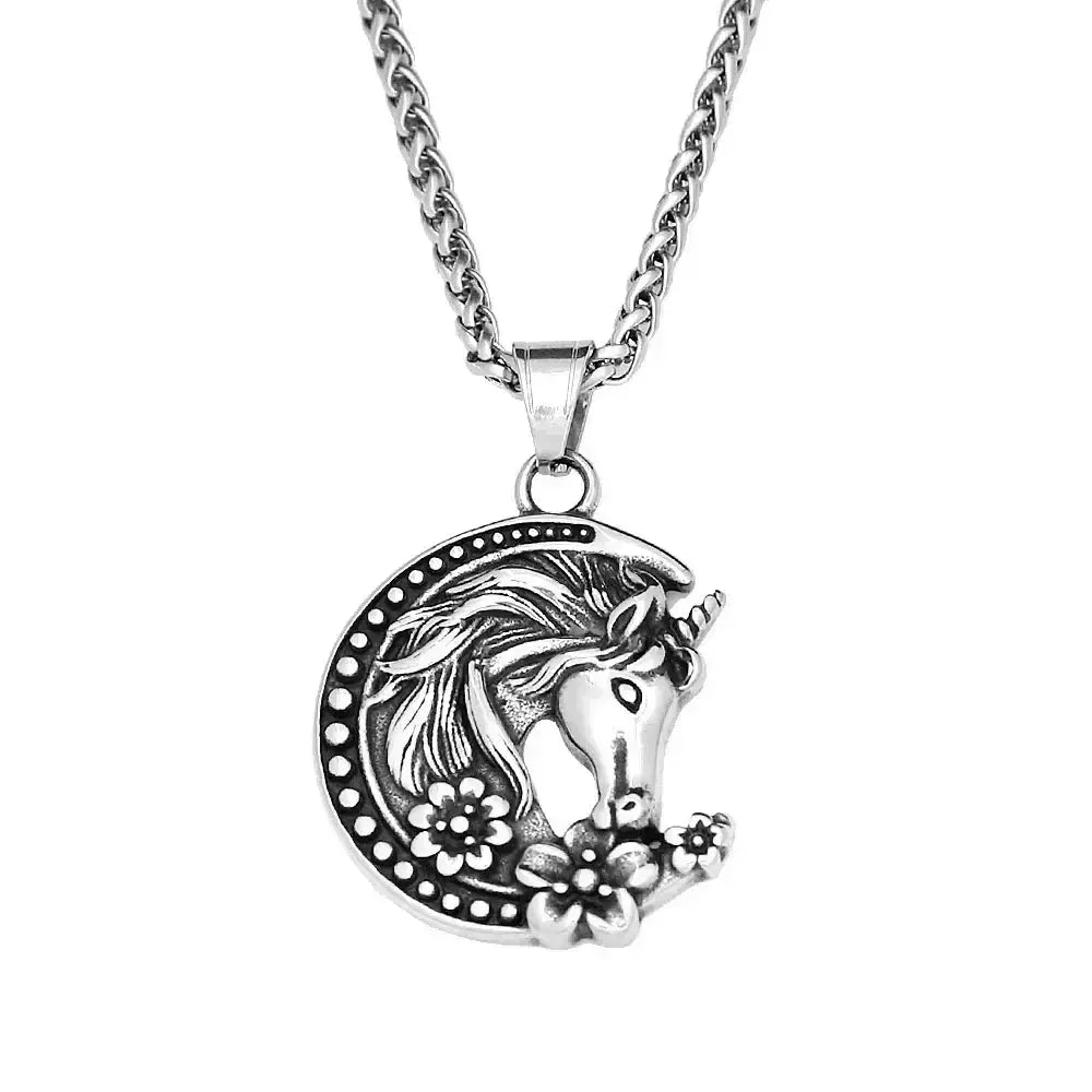 Youth Unicorn Necklace, Stainless Steel Moon Pendant Necklace